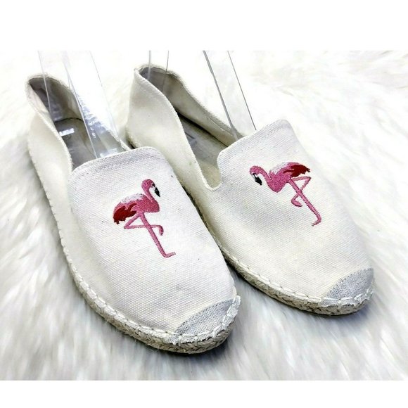 Shoes - Cream Canvas Flamingo Embroidered Espadrilles